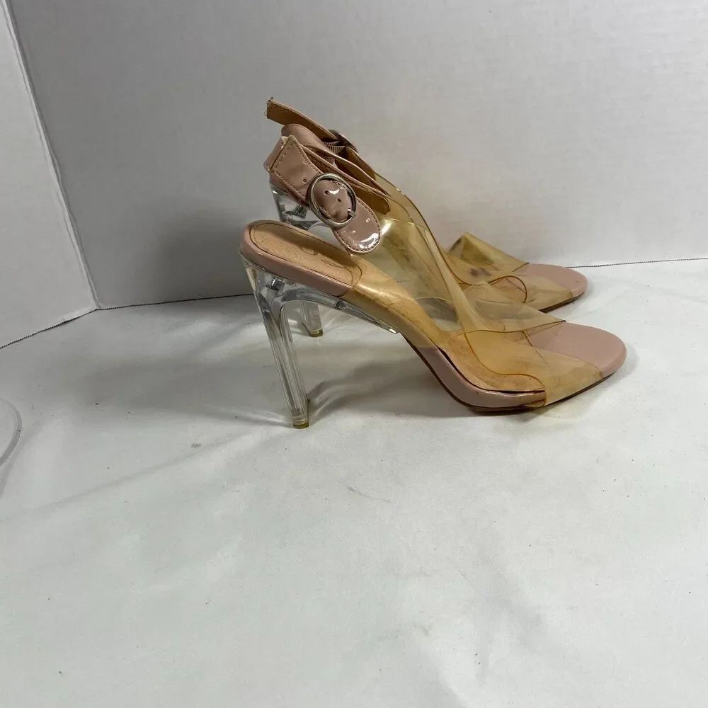 Qupid Womens 8 Nude Clear Strap Block Heel Sandals Pink Vinyl